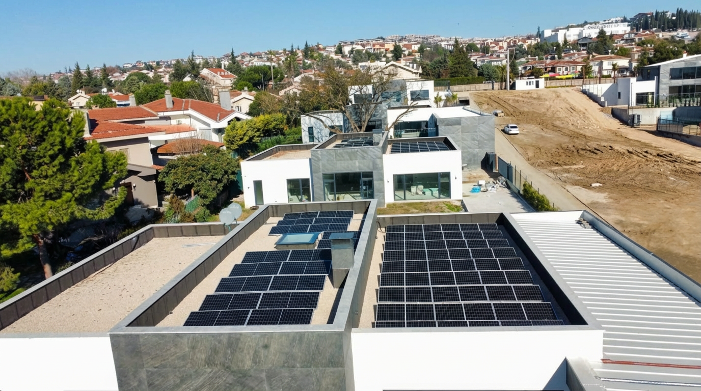 Bursa Arkat Exclusive villa projesindeki yan yana yer alan modern evlerin düz çatılarına uygulanmış güneş enerjisi panelleri sistemlerinin drone çekimi.