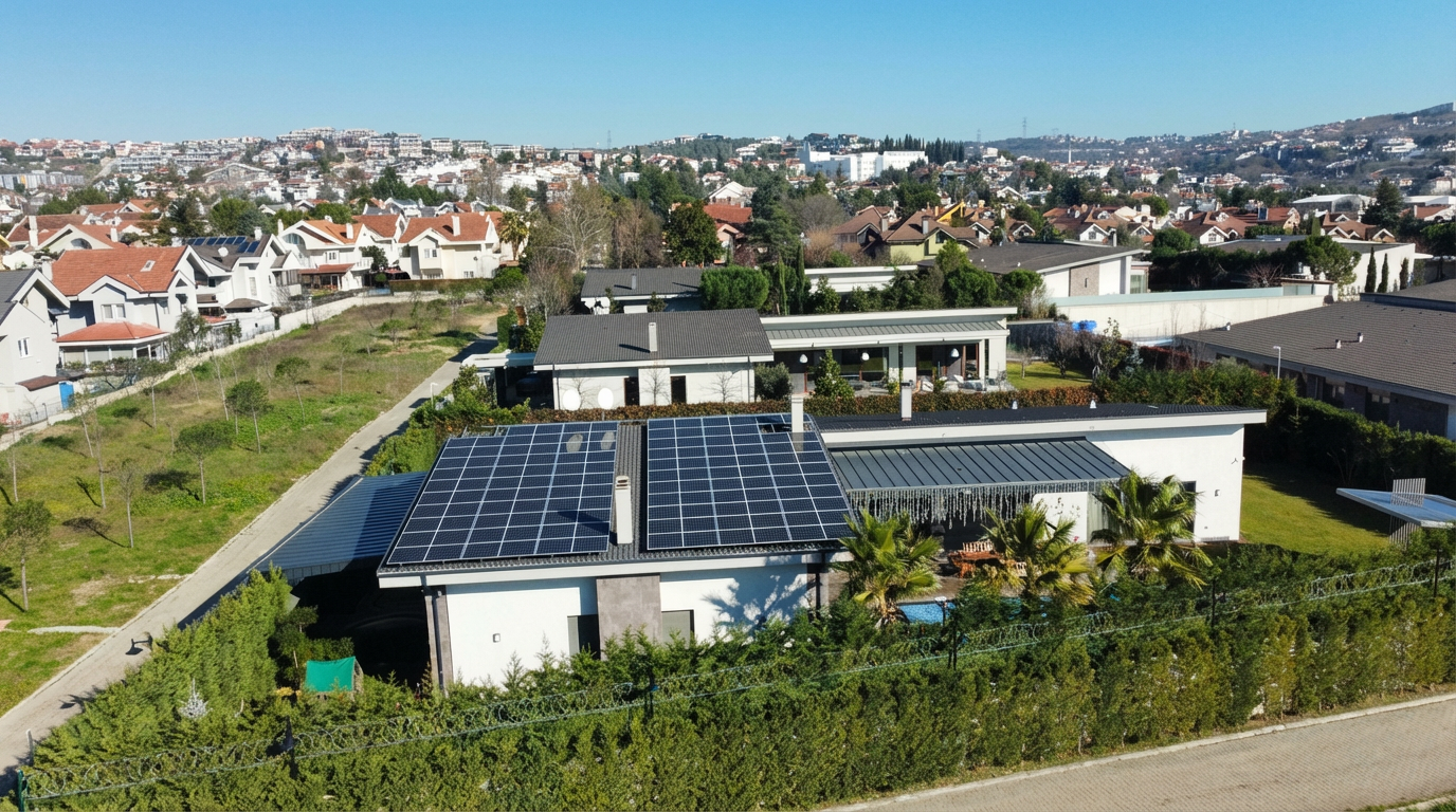 Arkat Exclusive villaları üzerinde estetik bir şekilde konumlandırılmış, modern mimariye uygun düz çatı güneş paneli (GES) sistemi kurulumunun havadan görünümü.