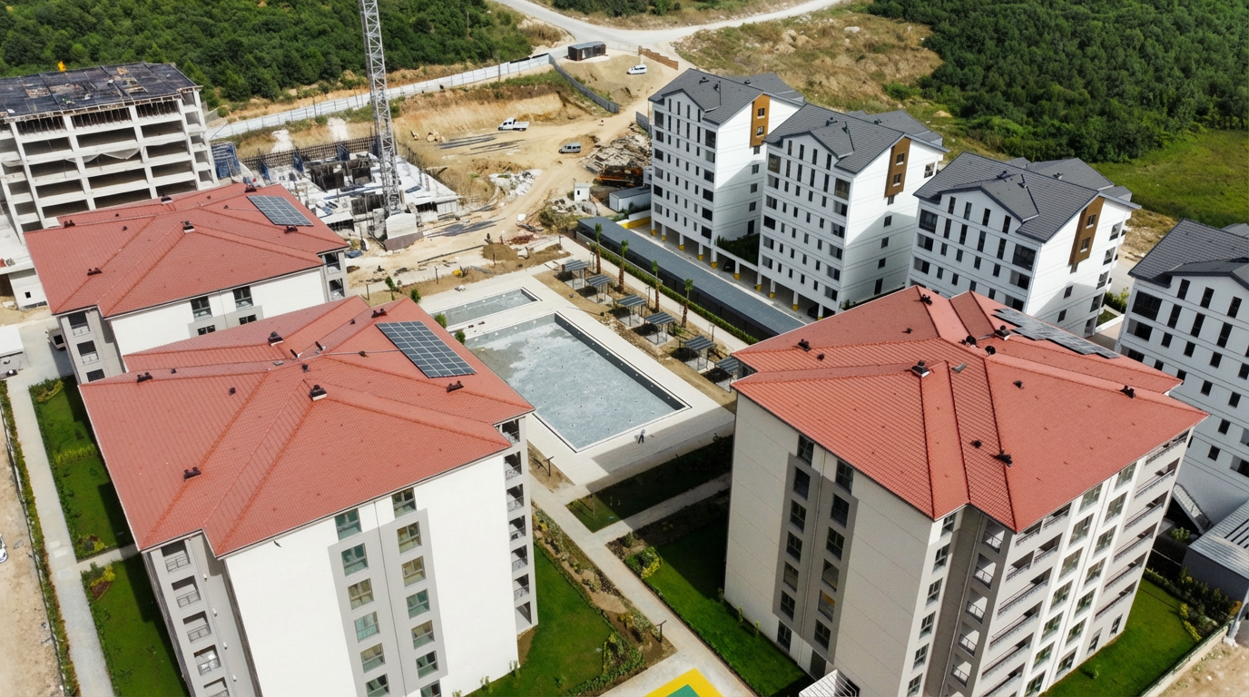Bursa'da havuzlu ve çok bloklu bir konut projesinin kiremit çatı bloklarına yerleştirilmiş ortak alan güneş enerjisi panellerinin drone ile çekilmiş kuşbakışı görüntüsü.