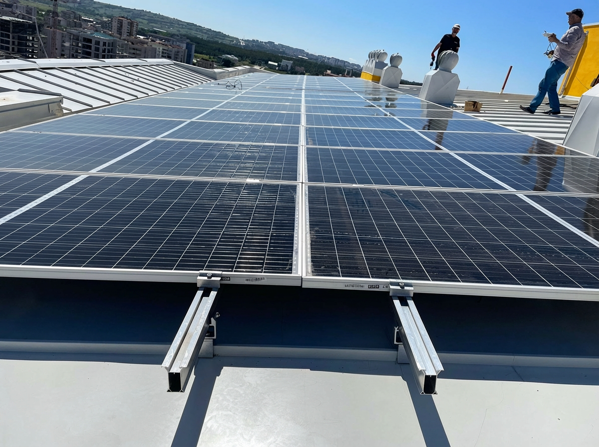 Bursa'da bir konut sitesinin ortak alan çatısında, kenetli sandviç panel üzerine özel alüminyum konstrüksiyon ile monte edilmiş güneş enerjisi (GES) panellerinin yakın plan detay görünümü.